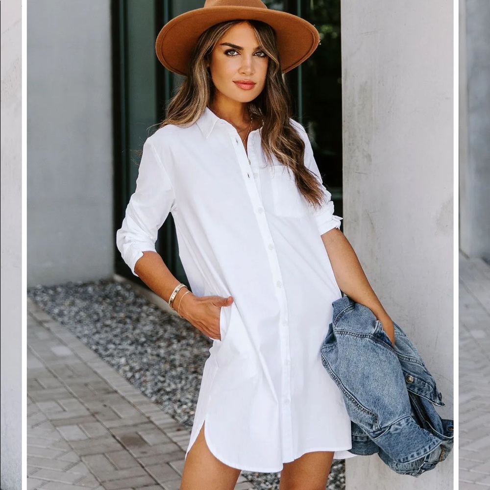 NWT - RISKY BUSINESS POCKETED BUTTON DOWN SHIRT DRESS - WHITE 🤍